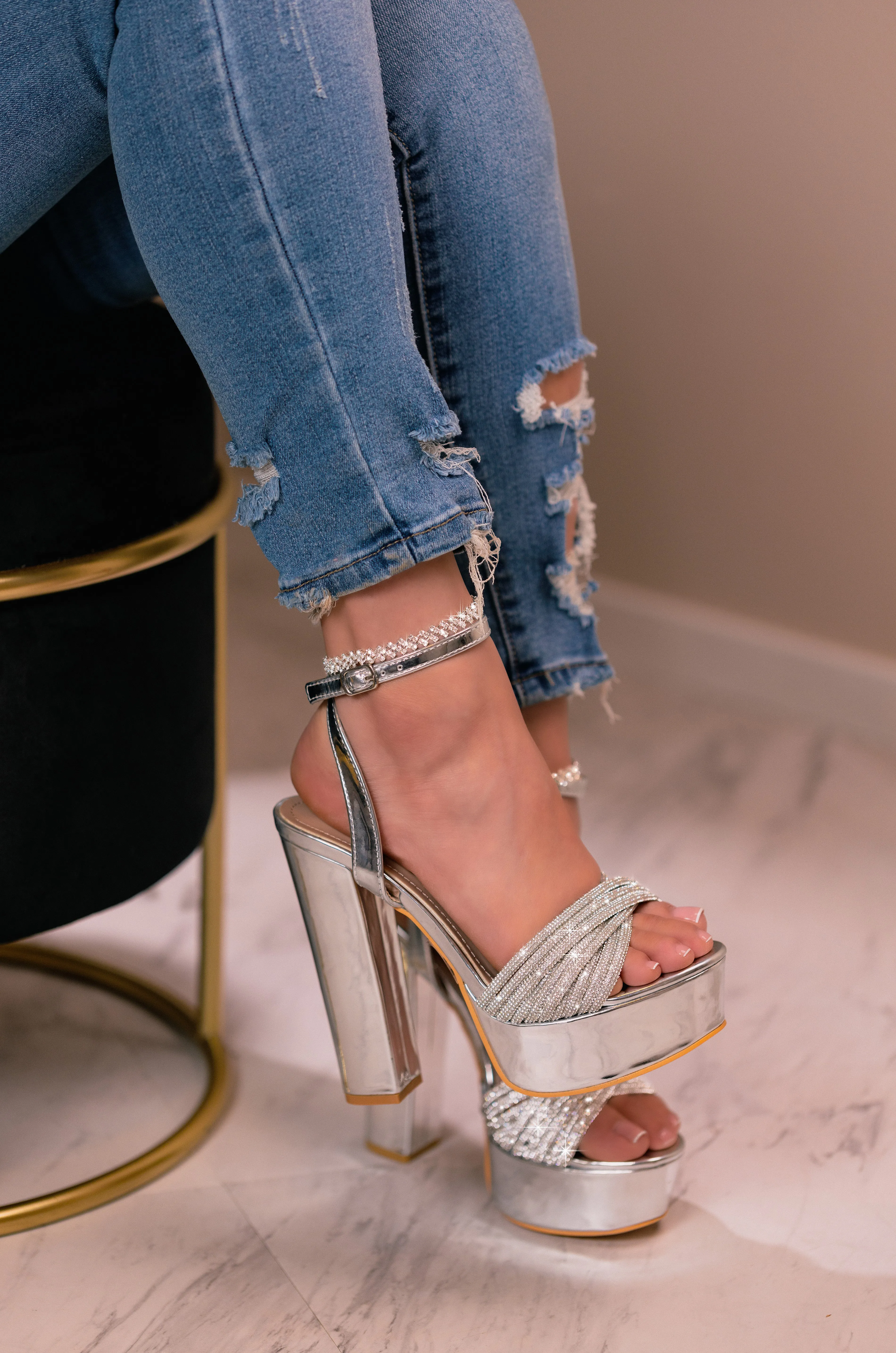 Luminous - Platform Heels with Rhinestone Front Strap, Cushioned Insole, Ideal for Elevating Your Evening Style